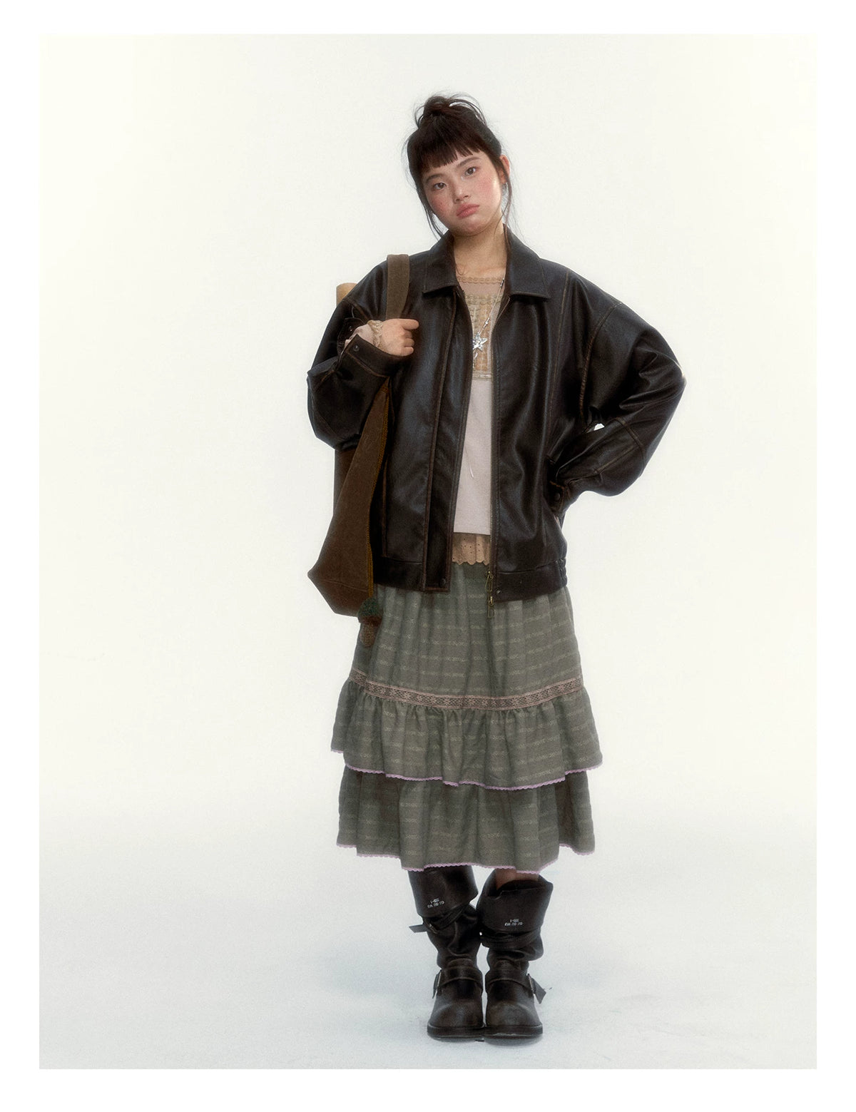 Dried Grass Green Vintage Lace Tiered A-Line Skirt