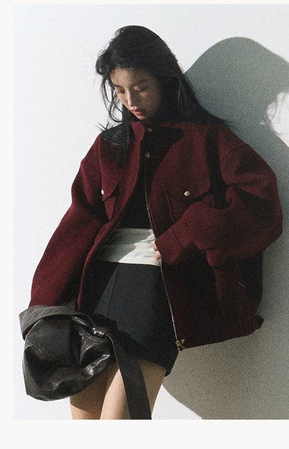 OAKMOO/ "Plum Blossom Mood" Angora Red Wool-Blend Harrington Jacket