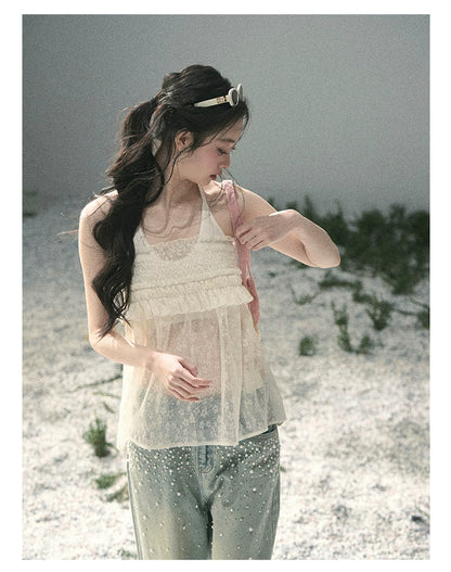 “Shattered Glasslight Veil” Cream Lace Halter Twinset Top