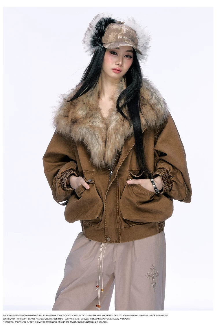 JN's DESIGN - Washed Chestnut Brown Faux Fur Collar Utility Jacket