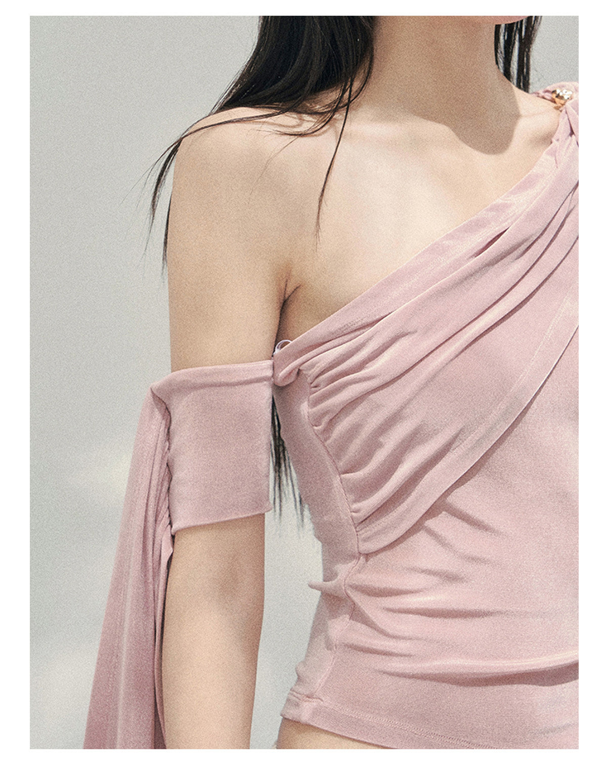 “Sunset Coral” Asymmetrical Ribbon Sleeve Crop Top