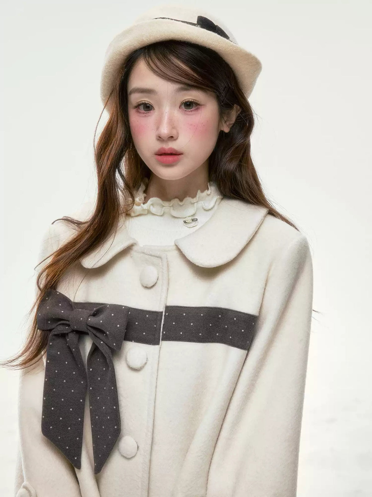 BIBIBENCY - Ivory Wool-Blend Coat with Gray Bow Detail