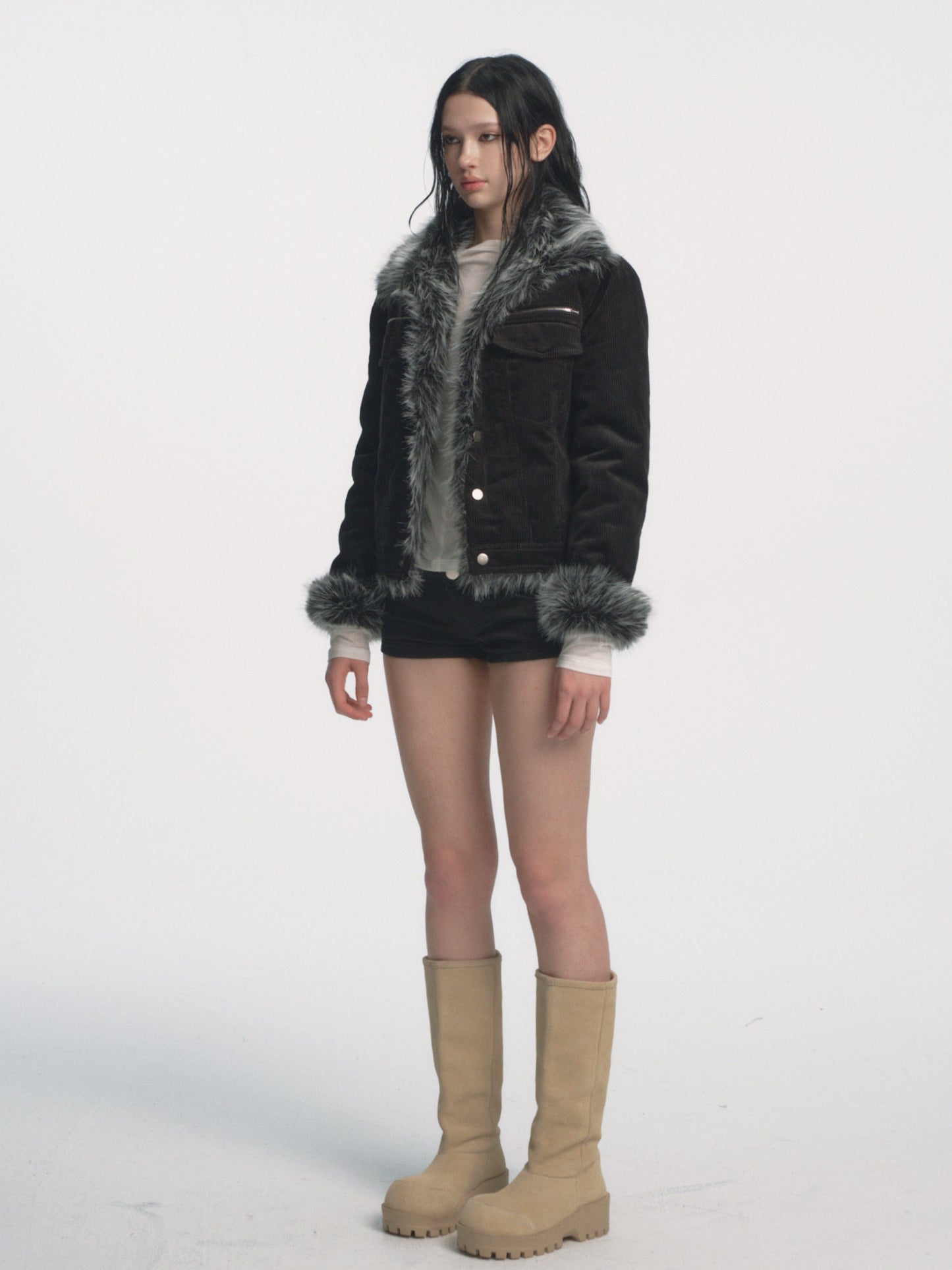 Muirgen - Black Retro Y2K Corduroy Faux Fur Cropped Jacket