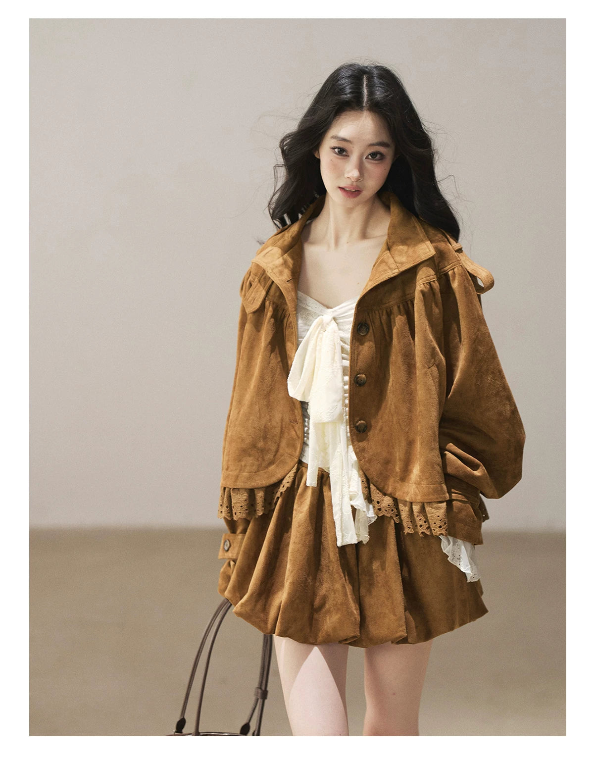 AOMALM - "Wind Through the Valley" Toasted Pecan Brown Faux Suede Jacket & Mini Skirt Set