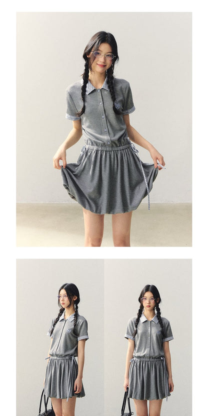 "Ivy Crest Letter" Plaid Panel Bubble Mini Dress LL2026031