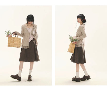 "Roasted Tea Heart" Milk Tea Faux-Layer Lace Cardigan & Skirt Set