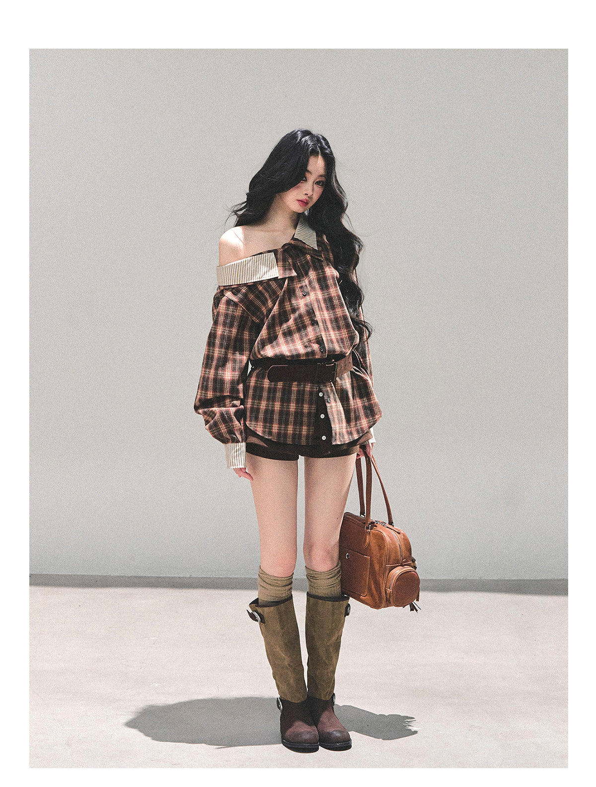 少也眼 “The Street She Passed” Off-Shoulder Plaid Shirt with Belt - Mocha Brown 45368364