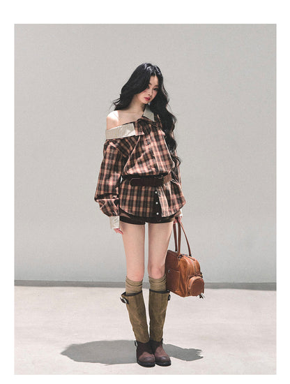 少也眼 “The Street She Passed” Off-Shoulder Plaid Shirt with Belt - Mocha Brown 45368364