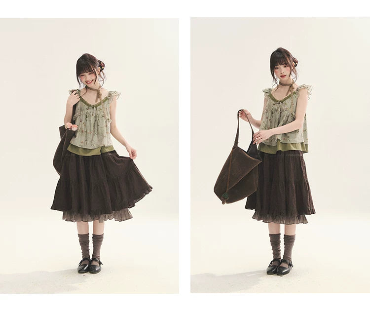 "Enchanted Forest" Moss Green Floral Lace Ruffle Cami Top