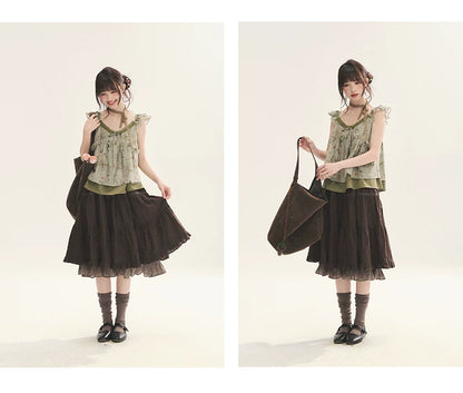 "Enchanted Forest" Moss Green Floral Lace Ruffle Cami Top