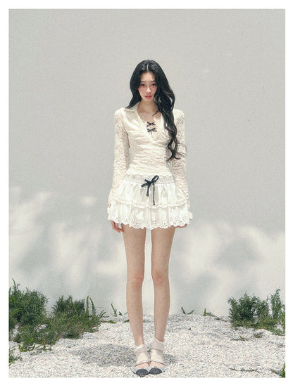 少也眼 “Soft Focus Monologue” Faux-Layer Sheer Lace Tie-Detail Top – Apricot 4563634583