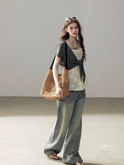 "Beyond the Morning Mist" Dutch Cream Lace Cami & Silver Mouse Gray Sheer Cardigan Set