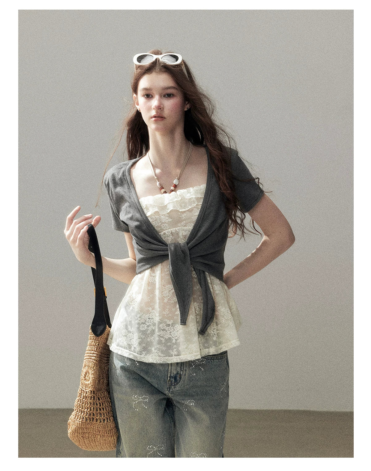 "Beyond the Morning Mist" Dutch Cream Lace Cami & Silver Mouse Gray Sheer Cardigan Set