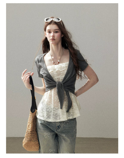 "Beyond the Morning Mist" Dutch Cream Lace Cami & Silver Mouse Gray Sheer Cardigan Set