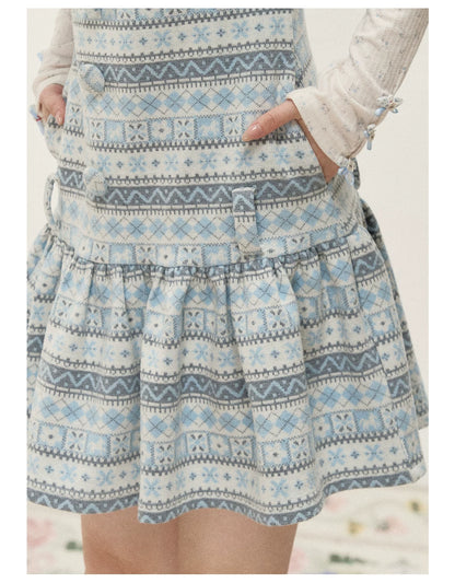 [RF] Vintage Geometric Jacquard Peter Pan Collar Knit Dress with Ruffle Hem
