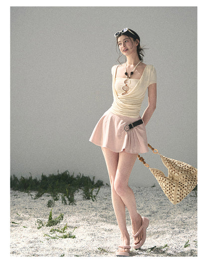 “Soft Veil Muse” Cream Apricot Layered Halter Lace Top