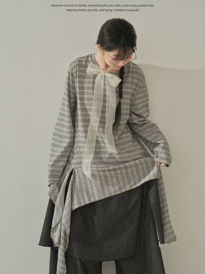 "Vintage Rhythm" Asymmetrical Knit Stripe Long Sleeve T-Shirt (Black / Gray)
