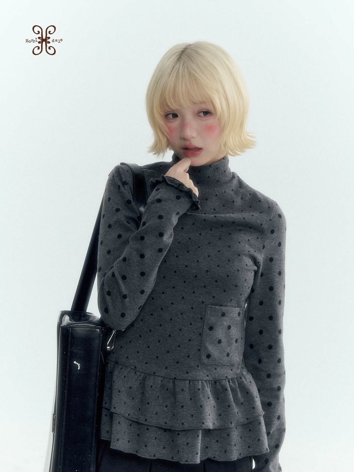 Horridale - Dark Gray Polka Dot Mock Neck Layering Top with Ruffle Hem