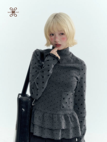 Horridale - Dark Gray Polka Dot Mock Neck Layering Top with Ruffle Hem