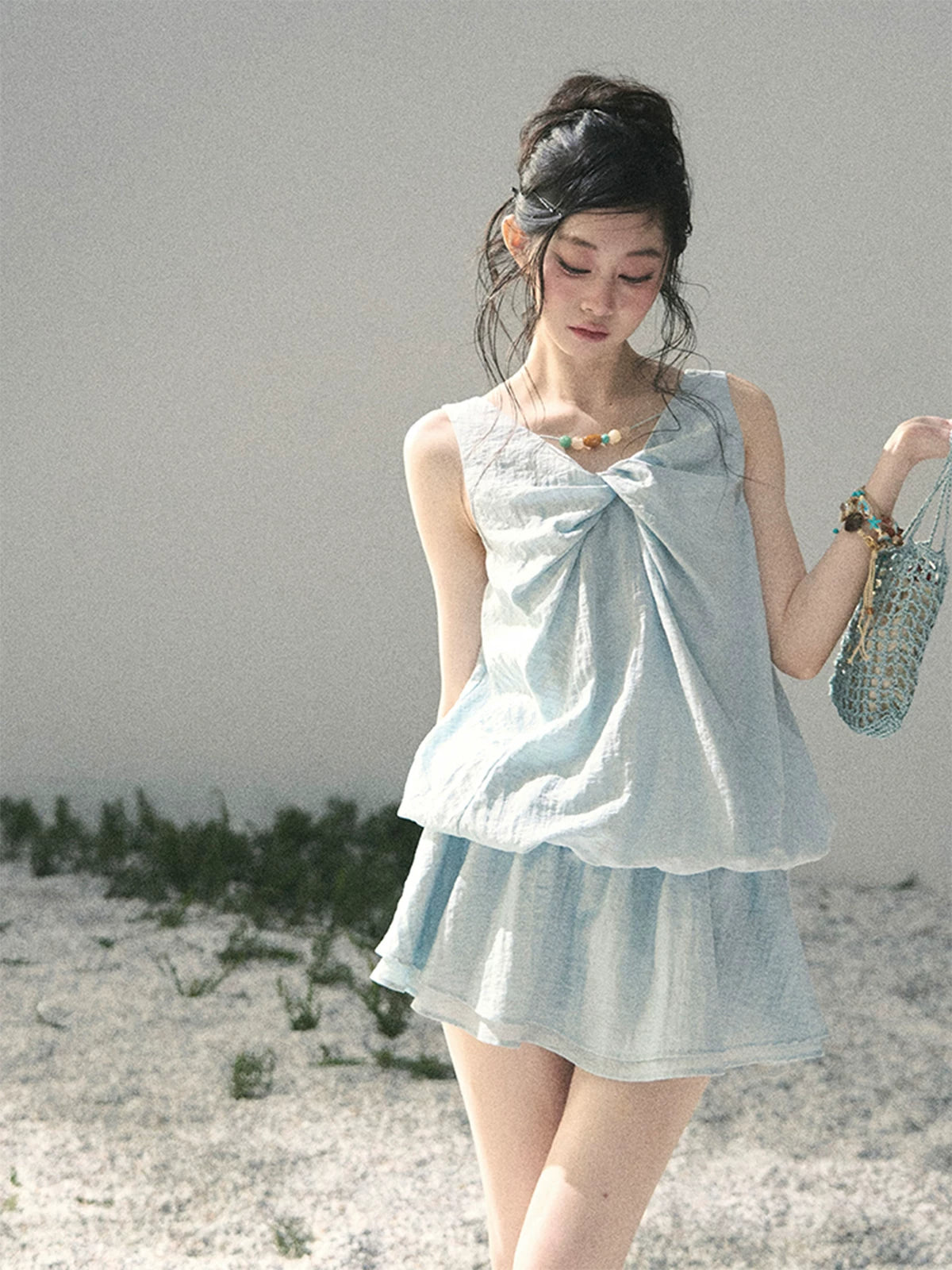 “Whispering Grass” Moonlight Blue Twist Mini Dress