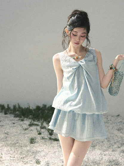 “Whispering Grass” Moonlight Blue Twist Mini Dress