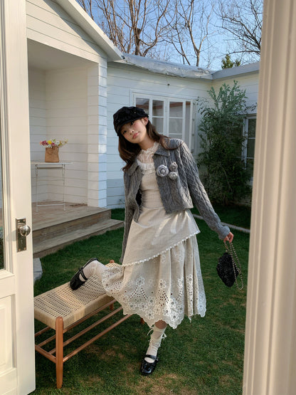 “Tea Garden Reverie” Light Apricot Plaid Embroidered Dress