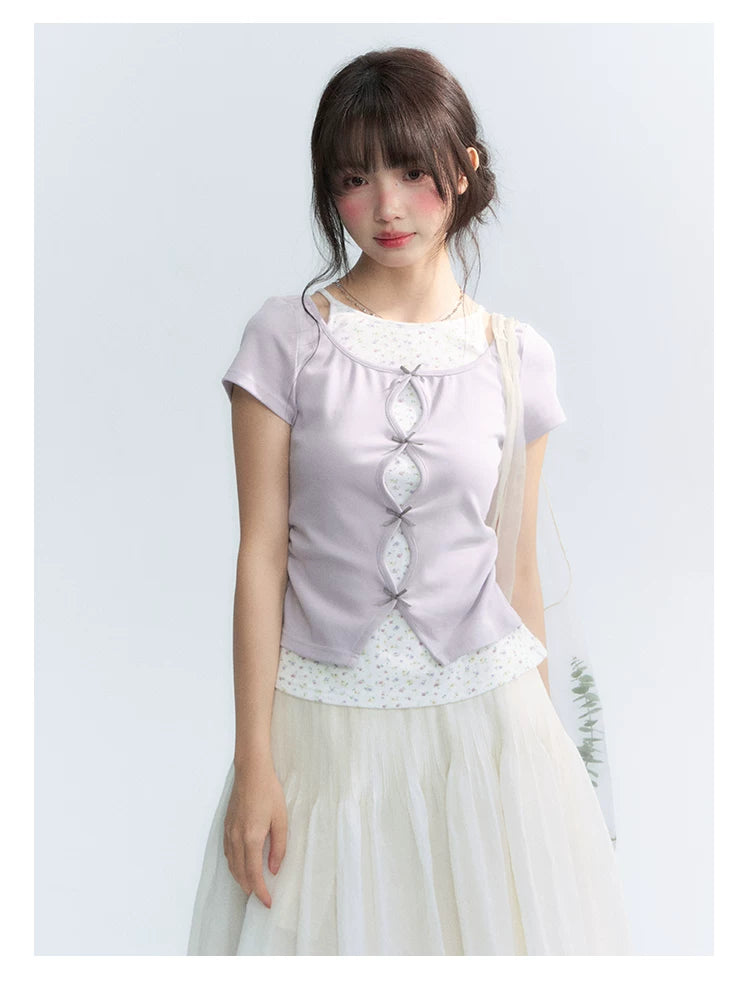 Korean Layered Bow Knit Short Sleeve T-Shirt in Violet
