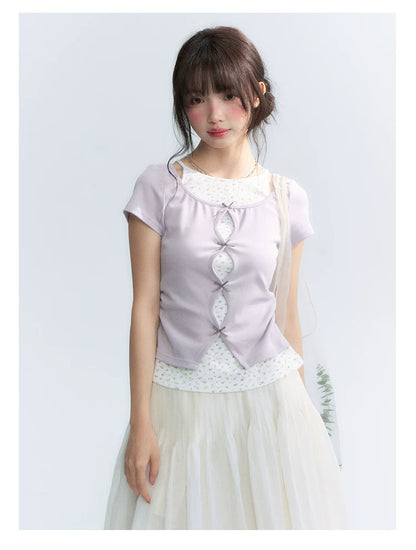 Korean Layered Bow Knit Short Sleeve T-Shirt in Violet