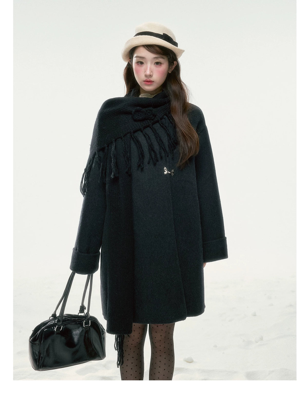BIBIBENCY - Black Wool-Blend Coat with Detachable Scarf Collar