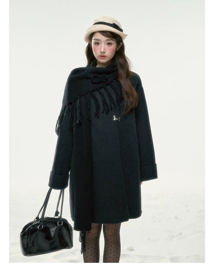 BIBIBENCY - Black Wool-Blend Coat with Detachable Scarf Collar