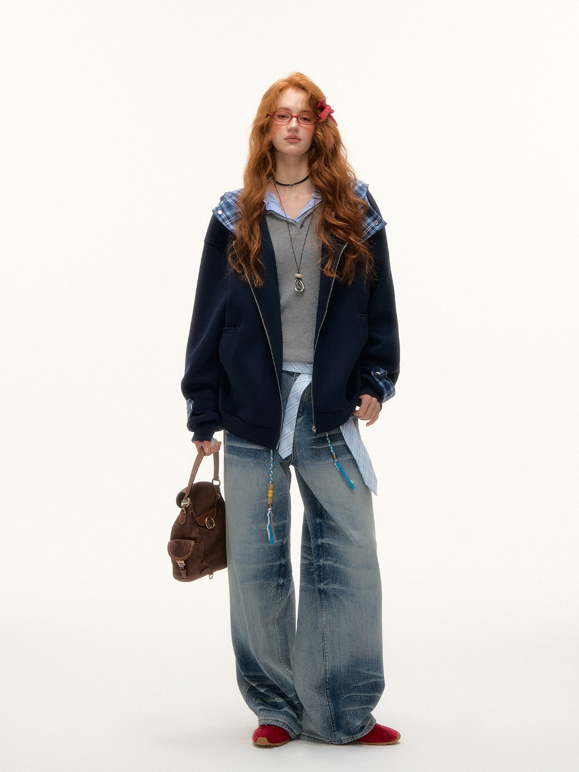 ASGONY - Plaid-Lined Oversized Hoodie Jacket (Navy)