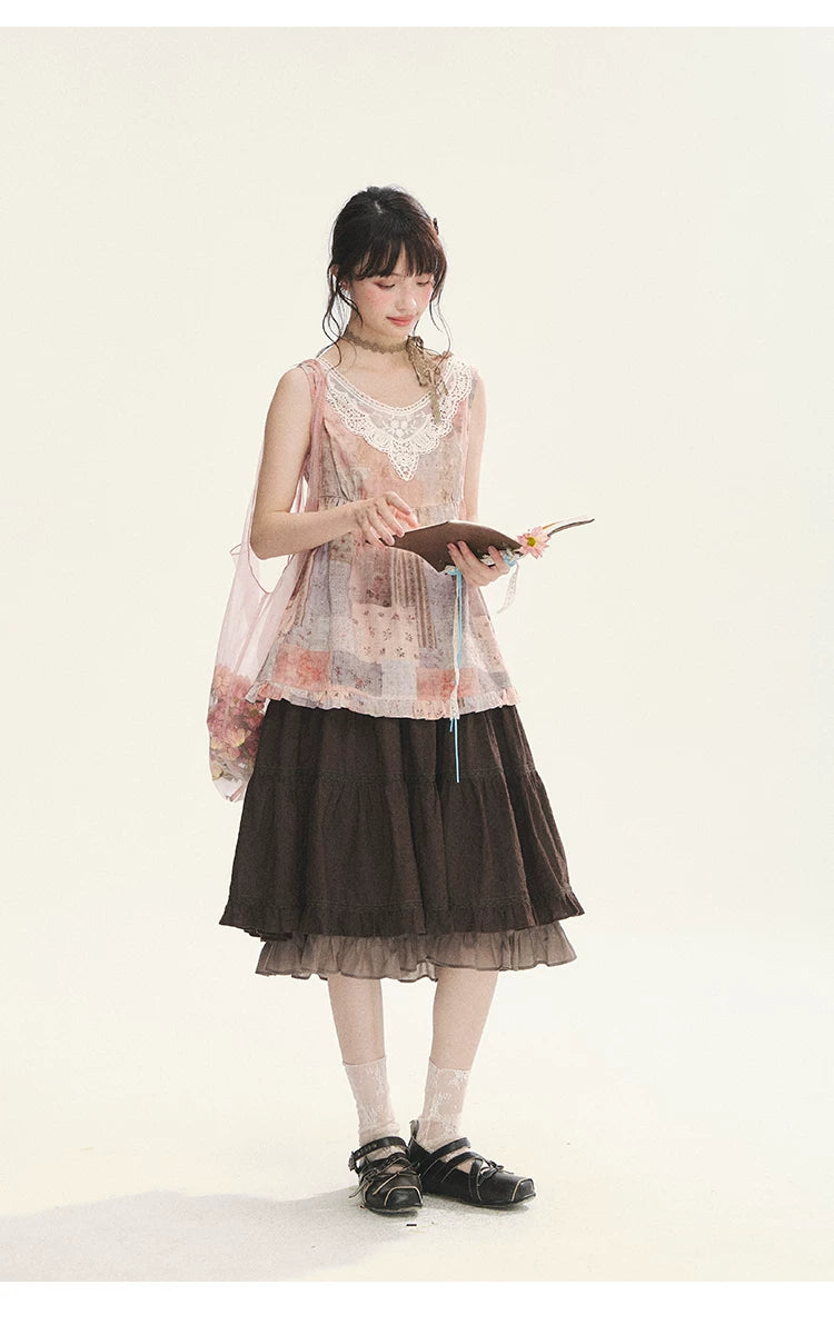 "Fragments of Time" Pink Brown Patchwork Lace Ruffle Trim Sleeveless Top