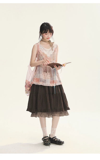 "Fragments of Time" Pink Brown Patchwork Lace Ruffle Trim Sleeveless Top