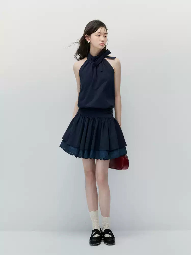 Navy Blue Bow-Tie Halter Dress with Double-Layer Lace Hem