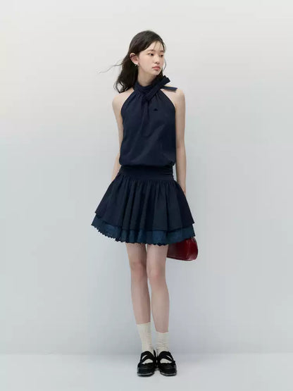 Navy Blue Bow-Tie Halter Dress with Double-Layer Lace Hem