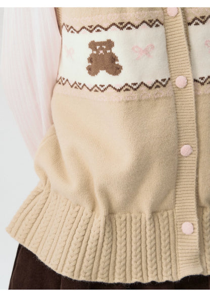 [CAN] "Bear Waltz" Brown Bow Jacquard Knit Vest