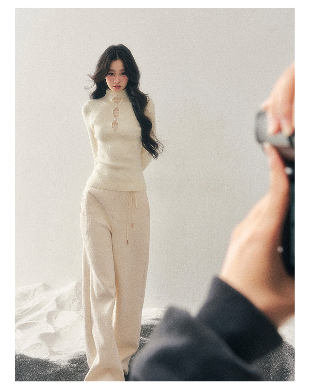 040126 "Lacewoven Dream" Mock Neck Layered Lace Knit Top - Oat Beige