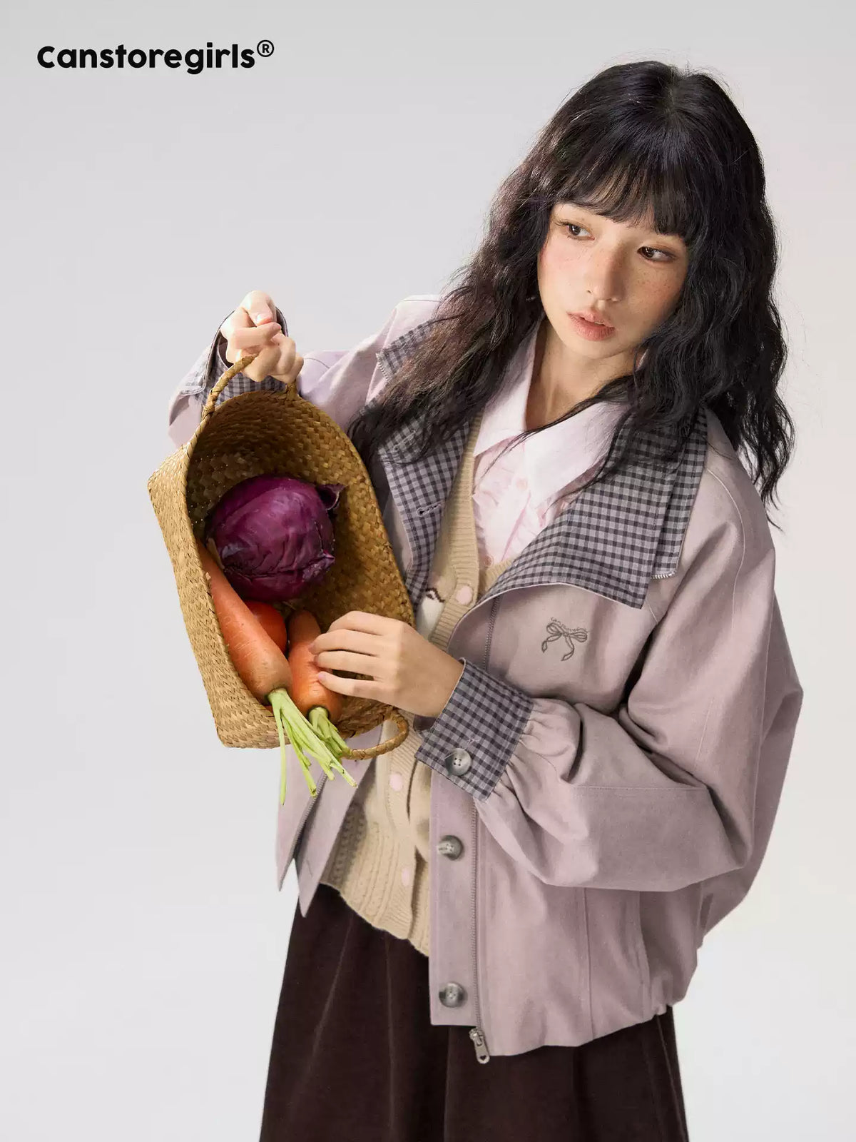 [CAN] "Lavender Plaid Notes" Dusty Purple Plaid Double Collar Cropped Jacket