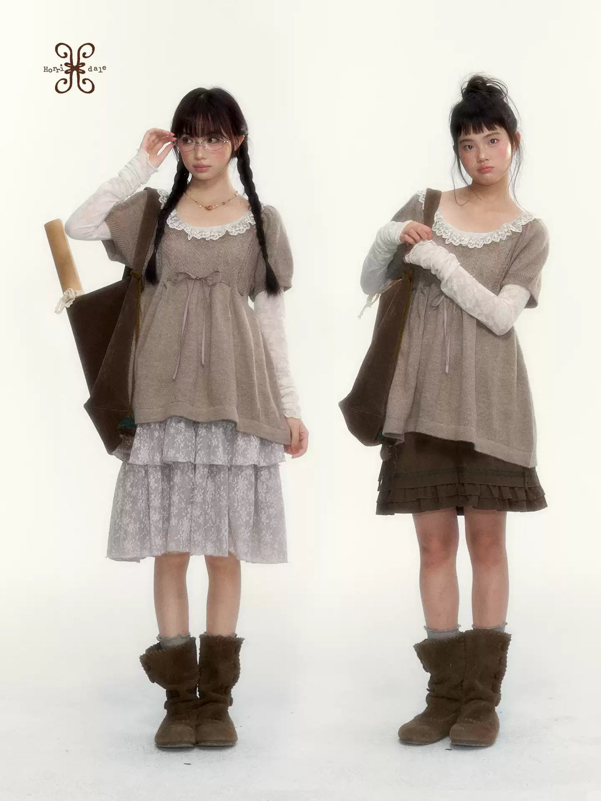 “Cloud Pleats” Chestnut Mist U-Neck Bow-Tie Puff Sleeve Knit Sweater
