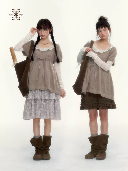 “Cloud Pleats” Chestnut Mist U-Neck Bow-Tie Puff Sleeve Knit Sweater