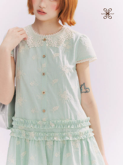 “Mint Lime” Green Stripe Lace Babydoll Dress