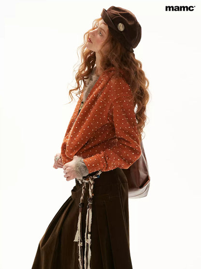 MAMC - Orange Polka Dot Textured Zip-Up Hooded Knit Cardigan