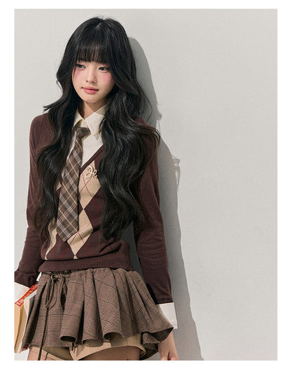 少也眼 “Whispers of the Parasol Tree” Faux-Layered Diamond Knit Sweater 456545