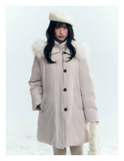 Horridale - Snow-Dusted Floral 90% White Duck Down Puffer Jacket (Light Peach Pink / Silver Gray)