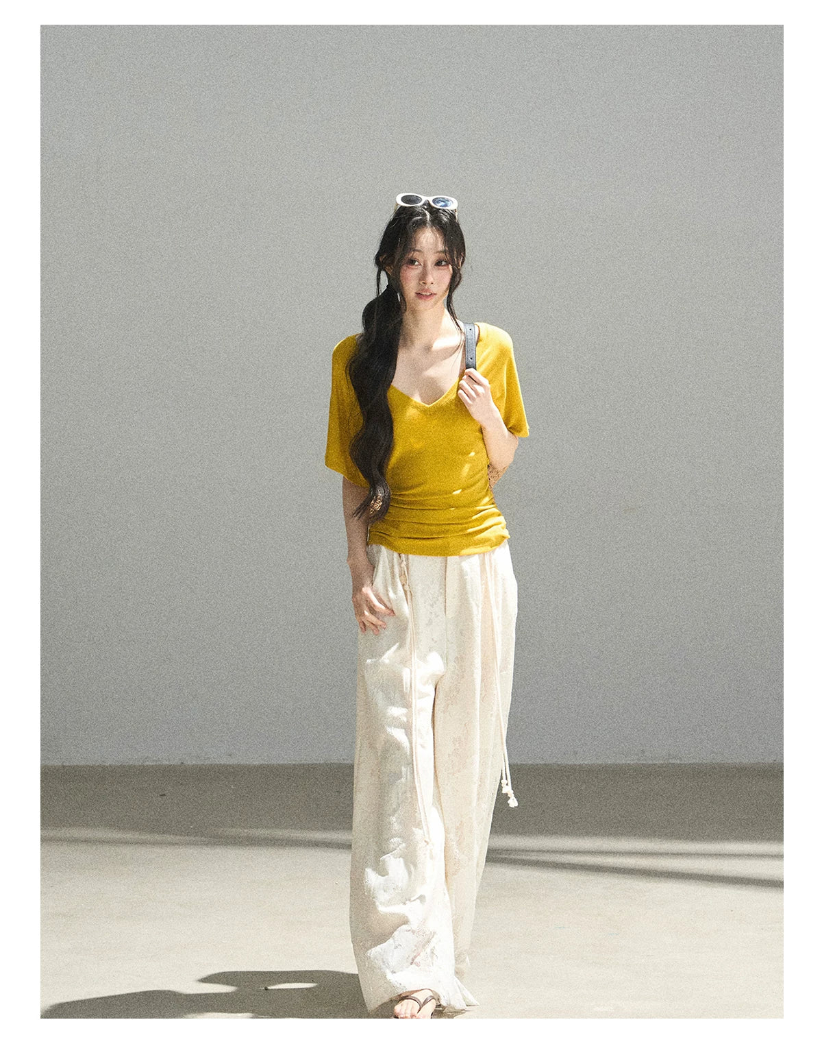 "The First Ray of Sunshine" V-Neck Crop Tee (Ginger Yellow. Creamy Apricot White)
