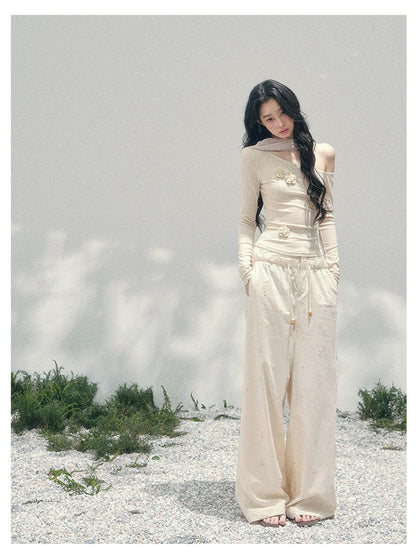 少也眼 “Rose Whisper” Asymmetrical Floral Lace Knit Top 45368753