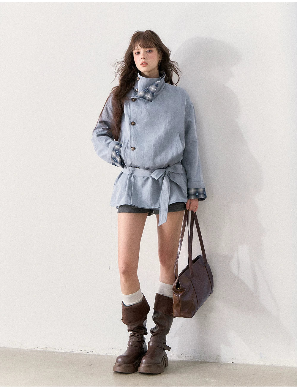 [TMMG] French Stand Collar Reversible Plaid Waist-Cinched Trench Coat (Morning Mist Blue)