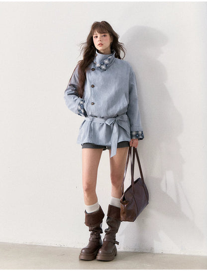 [TMMG] French Stand Collar Reversible Plaid Waist-Cinched Trench Coat (Morning Mist Blue)