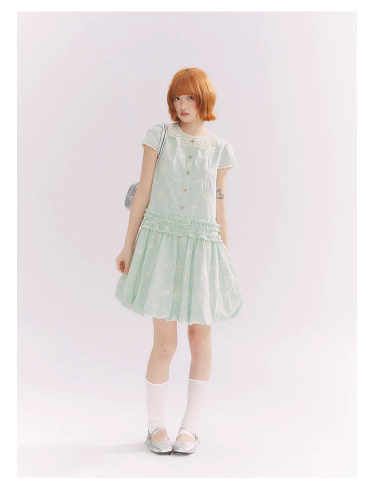 “Mint Lime” Green Stripe Lace Babydoll Dress