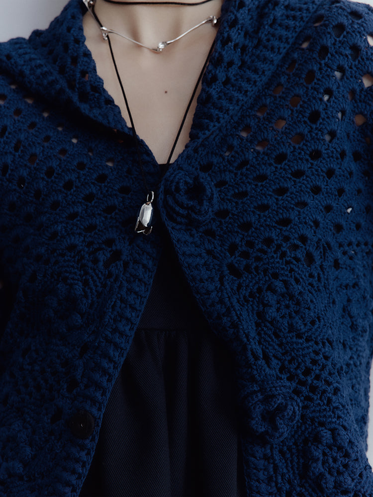 FUSSED Garden Midnight Garden Hand-Crocheted 3D Rose Knit Cardigan – Dusky Blue Cotton FOF-25SS176